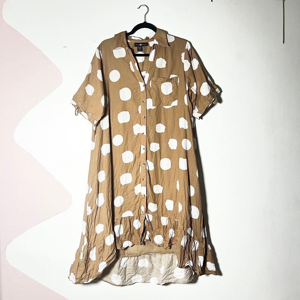 Polka Dot Midi Dress Women's 14/16 Brown Linen Blend Ruffles Cottagecore
